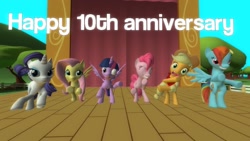 Size: 1920x1080 | Tagged: safe, artist:soad24k, applejack, fluttershy, pinkie pie, rainbow dash, rarity, twilight sparkle, alicorn, earth pony, pegasus, pony, unicorn, mlp fim's tenth anniversary, g4, 3d, dancing, derp, gmod, happy birthday mlp:fim, mane six, missing eye, twilight sparkle (alicorn)