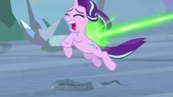 Size: 1920x1080 | Tagged: safe, screencap, starlight glimmer, pony, unicorn, g4, season 9, the ending of the end, blast, eyes closed, female, frown, implied queen chrysalis, magic, magic blast, mare, open mouth, screaming, solo, teeth, you know for kids
