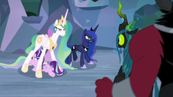 Size: 1920x1080 | Tagged: safe, screencap, lord tirek, princess celestia, princess luna, queen chrysalis, starlight glimmer, alicorn, centaur, changeling, changeling queen, pony, unicorn, g4, season 9, the ending of the end, angry, butt, celestia is not amused, female, frown, glare, gritted teeth, looking at each other, looking at someone, looking back, luna is not amused, lying down, male, mama bear, mare, momlestia fuel, plot, prone, protecting, scared, tired, ultimate chrysalis, unamused
