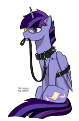 Size: 2295x3508 | Tagged: safe, artist:infrej, oc, oc only, oc:hesitant enchantment, alicorn, pony, icey-verse, alicorn oc, belt, bondage, collar, commission, glasses, high res, horn, horn ring, leash, magic suppression, male, malesub, mouth hold, multicolored hair, offspring, parent:flash sentry, parent:twilight sparkle, parents:flashlight, pet play, ring, simple background, sitting, solo, spiked collar, stallion, submissive, tattoo, transparent background, wings, ych result