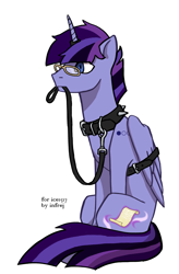 Size: 2295x3508 | Tagged: safe, alternate version, artist:infrej, oc, oc only, oc:hesitant enchantment, alicorn, pony, icey-verse, alicorn oc, belt, bondage, collar, commission, glasses, high res, horn, horn ring, leash, magic suppression, male, malesub, mouth hold, multicolored hair, offspring, parent:flash sentry, parent:twilight sparkle, parents:flashlight, pet play, ring, simple background, sitting, solo, spiked collar, stallion, submissive, tattoo, white background, wings, ych result