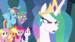 Size: 1920x1080 | Tagged: safe, screencap, applejack, fluttershy, pinkie pie, princess celestia, rainbow dash, rarity, spike, dragon, g4, season 9, the ending of the end, angry, shrunken pupils, winged spike, wings