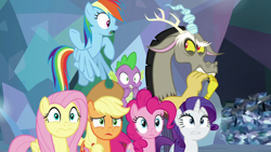 Size: 1920x1080 | Tagged: safe, screencap, applejack, discord, fluttershy, pinkie pie, rainbow dash, spike, dragon, g4, the ending of the end, winged spike, wings