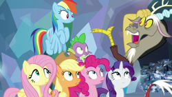 Size: 1920x1080 | Tagged: safe, screencap, applejack, discord, fluttershy, pinkie pie, rainbow dash, rarity, spike, draconequus, dragon, earth pony, pegasus, pony, g4, the ending of the end, winged spike, wings
