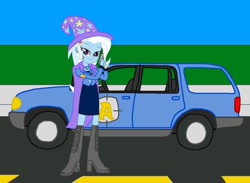 Size: 1280x939 | Tagged: safe, artist:agent751, trixie, equestria girls, g4, boots, cape, car, clothes, female, ford explorer, ford explorer gen 2, gun, hairpin, handgun, hat, high heel boots, pistol, road, shoes, skirt, solo, trixie's cape, trixie's hat