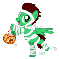 Size: 1200x1169 | Tagged: safe, artist:jennieoo, oc, oc only, oc:northern haste, pegasus, pony, g4, candy, colt, cute, food, halloween, happy, holiday, male, mummy, mummy costume, pumpkin, pumpkin bucket, show accurate, simple background, smiling, solo, sweet, transparent background