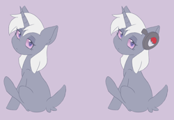 Size: 1508x1037 | Tagged: safe, artist:sinamuna, oc, oc only, oc:whist mania, espurr, poképony, pony, unicorn, expressionless, expressionless face, female, headphones, horn, looking back, looking over shoulder, poké ball, pokémon, purple eyes, purple sclera, redesign, sitting, solo