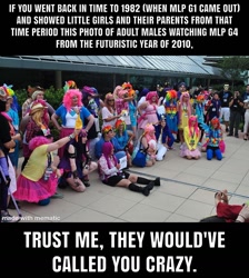 Size: 1200x1337 | Tagged: safe, applejack, fluttershy, pinkie pie, rainbow dash, rarity, spike, twilight sparkle, human, g4, anonymous, brony, caption, clothes, cosplay, costume, female, image macro, irl, male, mask, meme, photo, plushie, text, time travel