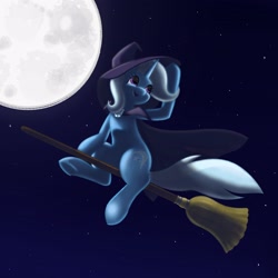 Size: 2560x2560 | Tagged: safe, artist:aquaticvibes, trixie, pony, unicorn, g4, broom, female, flying, flying broomstick, hat, high res, mare, moon, night, solo, stars, witch hat