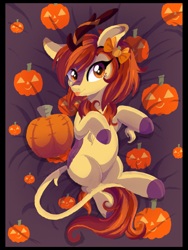 Size: 2383x3173 | Tagged: safe, artist:spookyle, oc, oc only, oc:pumpkin spell, kirin, body pillow, chubby, cute, female, halloween, high res, holiday, kirin oc, pumpkin, solo, tongue out