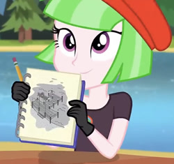 Size: 826x776 | Tagged: safe, screencap, drama letter, watermelody, equestria girls, g4, my little pony equestria girls: legend of everfree, background human, beret, clothes, gloves, hat, pencil, sketch, solo