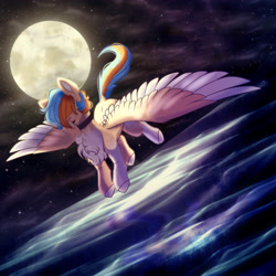 Size: 4300x4300 | Tagged: safe, artist:tuzz-arts, oc, oc only, pegasus, pony, chest fluff, choker, colored hooves, colored wings, femboy, full moon, hair over eyes, lipstick, male, moon, night, night sky, nonbinary, pegasus oc, pony oc, sky, solo, transgender, trap, wings