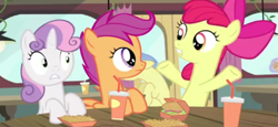 Size: 455x209 | Tagged: safe, screencap, apple bloom, scootaloo, sweetie belle, earth pony, pegasus, pony, unicorn, g4, twilight time, background pony, bipedal, burger, cutie mark crusaders, drink, female, filly, food, french fries, hay burger, looking at each other, shocked, shocked expression