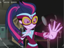 Size: 1392x1048 | Tagged: safe, screencap, sci-twi, twilight sparkle, equestria girls, equestria girls specials, g4, my little pony equestria girls: movie magic, clothes, costume, cropped, glowing hands, masked matter-horn costume, power ponies, solo