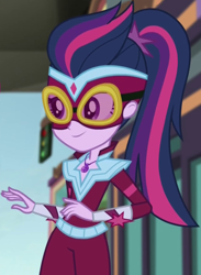 Size: 674x920 | Tagged: safe, screencap, sci-twi, twilight sparkle, equestria girls, equestria girls specials, g4, my little pony equestria girls: movie magic, clothes, costume, cropped, geode of telekinesis, magical geodes, masked matter-horn costume, power ponies, solo