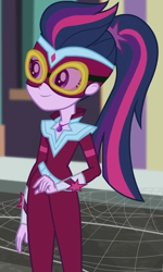 Size: 552x918 | Tagged: safe, screencap, sci-twi, twilight sparkle, equestria girls, equestria girls specials, g4, my little pony equestria girls: movie magic, clothes, costume, cropped, geode of telekinesis, magical geodes, masked matter-horn costume, power ponies, solo