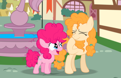 Size: 3864x2486 | Tagged: safe, artist:squipycheetah, pear butter, pinkie pie, earth pony, pony, g4, curly hair, cute, description at source, description is relevant, diapinkes, duo, female, filly, filly pinkie pie, fountain, giggling, happy, headcanon, headcanon at source, high res, mare, pearabetes, ponyville, smiling, younger, younger pinkie pie
