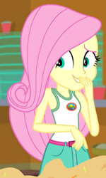 Size: 297x494 | Tagged: safe, screencap, fluttershy, equestria girls, g4, legend of everfree - bloopers, my little pony equestria girls: legend of everfree, clothes, cropped, sleeveless, solo, tank top