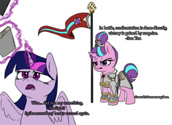 Size: 900x650 | Tagged: safe, artist:slamjam, starlight glimmer, twilight sparkle, alicorn, pony, g4, armor, book, flag, historical roleplay starlight, quotation, quote, simple background, sun tzu, text, the art of war, twilight sparkle (alicorn), white background