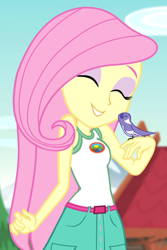 Size: 442x662 | Tagged: safe, screencap, fluttershy, bird, equestria girls, g4, legend of everfree - bloopers, my little pony equestria girls: legend of everfree, clothes, cropped, female, sleeveless, smiling, tank top