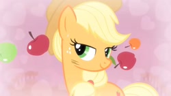Size: 1920x1080 | Tagged: safe, screencap, applejack, earth pony, pony, g4, season 4, simple ways, apple, applejack's hat, bedroom eyes, cowboy hat, female, food, hat, heart, looking at you, mare, offscreen character, pov, sexy, smiling, stupid sexy applejack