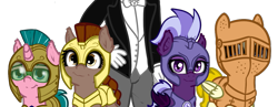 Size: 1209x467 | Tagged: safe, artist:neuro, oc, oc only, oc:anonymous, oc:artemis sparkshower, oc:honour bound, oc:lily glamerspear, oc:purity ebonshield, bat pony, earth pony, pegasus, pony, unicorn, fanfic:everyday life with guardsmares, 4chan, armor, bat pony oc, bat wings, clothes, earth pony oc, everyday life with guardsmares, gloves, helmet, horn, night guard, pegasus oc, royal guard, simple background, suit, transparent background, unicorn oc, unshaded, wings