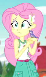Size: 323x543 | Tagged: safe, screencap, fluttershy, bird, equestria girls, g4, legend of everfree - bloopers, my little pony equestria girls: legend of everfree, chickadee (bird), clothes, cropped, female, sleeveless, tank top