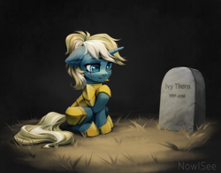 Size: 2000x1561 | Tagged: safe, artist:inowiseei, oc, oc only, oc:maple parapet, pony, unicorn, armor, crying, female, freckles, gravestone, guardsmare, horn, mare, royal guard, sad, sitting, solo