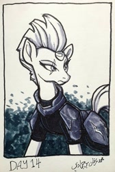 Size: 1280x1902 | Tagged: safe, artist:poecillia-gracilis19, fizzlepop berrytwist, tempest shadow, pony, unicorn, g4, my little pony: the movie, armor, broken horn, eye scar, horn, inktober 2020, scar, solo, traditional art