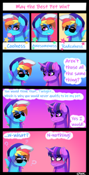 Size: 1992x3901 | Tagged: safe, artist:aaa-its-spook, rainbow dash, twilight sparkle, pegasus, pony, unicorn, g4, may the best pet win, blushing, bubblegum, comic, dialogue, female, food, gum, hat, lesbian, ship:twidash, shipping, sunglasses