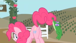 Size: 1920x1080 | Tagged: safe, screencap, gummy, pinkie pie, alligator, castle mane-ia, g4, season 4, balloonbutt, biting, butt, cute, plot, smiling, sweet apple acres, tail, tail bite