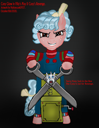 Size: 636x825 | Tagged: safe, artist:nathancook0927, cozy glow, pegasus, pony, g4, child's play, chucky, crossover, female, filly, jack-in-the-box, scissors