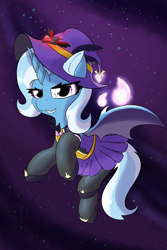 Size: 2362x3543 | Tagged: safe, artist:jubyskylines, trixie, bat pony, pony, g4, alicorn amulet, clothes, costume, cute, cute little fangs, diatrixes, fangs, high res, solo