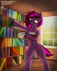 Size: 2400x3000 | Tagged: safe, artist:phlerius, oc, oc only, pony, unicorn, bipedal, book, bookshelf, digital art, high res, library, reading, room, solo, window