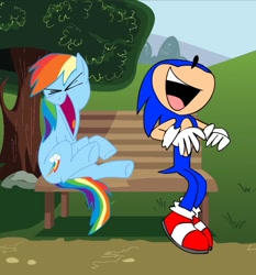 Size: 1007x1080 | Tagged: safe, artist:animatedjames, screencap, rainbow dash, g4, bench, laughing, male, sonic the hedgehog, sonic the hedgehog (series)