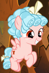 Size: 688x1012 | Tagged: safe, screencap, cozy glow, pegasus, pony, g4, the summer sun setback, antagonist, bow, cozybetes, curly hair, cute, evil lair, female, filly, flying, grogar's lair, hooves, lair, smiling, solo, tail bow, teeth, wings