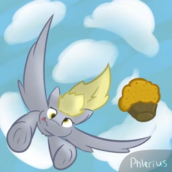 Size: 2200x2200 | Tagged: safe, artist:phlerius, derpy hooves, pegasus, pony, g4, cloud, digital art, flying, food, high res, muffin, sky, solo, tongue out