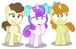 Size: 1280x828 | Tagged: safe, artist:aleximusprime, pound cake, princess flurry heart, pumpkin cake, fanfic:cheesy as pie, flurry heart's story, g4, bow, cake twins, colt, colt pound cake, concerned, female, filly, filly flurry heart, filly pumpkin cake, kids, male, shocked, siblings, simple background, transparent background, twins, vector, worried