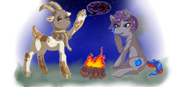 Size: 1024x512 | Tagged: safe, artist:ghouleh, oc, oc only, oc:nana, oc:wisp, goat, pony, bag, campfire, cutie mark, female, fire, mare, nanny goat, night, rope, shadow, simple background, stars, stories, transparent background