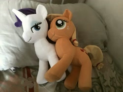 Size: 4096x3072 | Tagged: safe, artist:count oxymagomedov sear, applejack, rarity, g4, bed, holding hooves, irl, photo, plushie