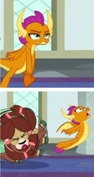 Size: 859x1611 | Tagged: safe, screencap, smolder, yona, dragon, yak, g4, school daze, bow, cloven hooves, dragoness, duo, female, great moments in animation, hair bow, meme origin, monkey swings, smear frame, suddenly yona