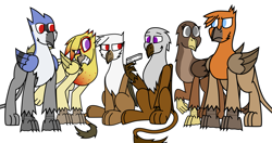 Size: 1897x1000 | Tagged: safe, artist:somber, oc, oc only, oc:amalia silverwing, oc:carmelita galeforce, oc:isaac, oc:kasimir longtalons, oc:leigh, oc:serge swiftwing, griffon, fallout equestria, colored, fallout equestria: longtalons, female, flat colors, group, gun, male, weapon