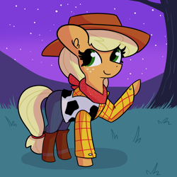 Size: 3000x3000 | Tagged: safe, artist:tjpones, applejack, earth pony, pony, g4, boots, clothes, costume, cowboy boots, female, halloween, halloween costume, high res, mare, neckerchief, night, plaid shirt, shirt, shoes, solo, toy story, vest, waving, woody