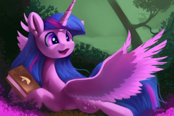 Size: 4200x2800 | Tagged: safe, artist:auroriia, twilight sparkle, alicorn, pony, g4, book, book of harmony, colored wings, concave belly, cute, female, forest, happy birthday mlp:fim, lying down, mare, prone, slender, smiling, solo, spread wings, thin, twiabetes, twilight sparkle (alicorn), two toned wings, wings