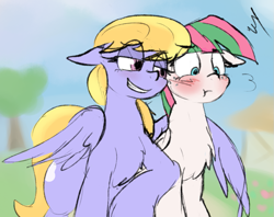 Size: 1031x817 | Tagged: safe, artist:candel, blossomforth, cloud kicker, pegasus, pony, fanfic:the life and times of a winning pony, mlp fim's tenth anniversary, winningverse, g4, blushing, chest fluff, cloudforth, female, flustered, freckles, grin, happy birthday mlp:fim, hug, lesbian, mare, nudging, shipping, smiling, smug, teasing, winghug, wings
