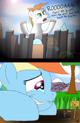 Size: 3269x5046 | Tagged: safe, artist:vanillabeam, rainbow dash, oc, oc:vanilla beam, earth pony, pegasus, pony, g4, giant pony, macro, micro, model city, pretending to be giant pony, there's always a bigger fish