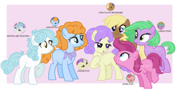 Size: 3336x1712 | Tagged: safe, artist:interstellar-quartz, coconut palm, cranberry pit, cream puff, ginger tea, grape stem, stratus wind, earth pony, pony, g4, once upon a zeppelin, base used, best friends, creambetes, cute, friends, gingerbetes, grapebetes, group, headcanon, older, older coconut palm, older cranberry pit, older cream puff, older ginger tea, older grape stem, older stratus wind, sextet, zeppelin children