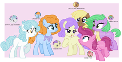 Size: 3336x1712 | Tagged: safe, artist:interstellar-quartz, coconut palm, cranberry pit, cream puff, ginger tea, grape stem, stratus wind, earth pony, pony, g4, once upon a zeppelin, base used, best friends, creambetes, cute, friends, ginger teadorable, grapebetes, group, headcanon, older, older coconut palm, older cranberry pit, older cream puff, older ginger tea, older grape stem, older stratus wind, sextet, stratusbetes, zeppelin children