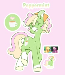 Size: 1280x1473 | Tagged: safe, artist:amazingly-gay-evan, applejack, cheerilee, oc, oc only, oc:peppermint, earth pony, pony, g4, cheerijack, coat markings, female, lesbian, magical lesbian spawn, mare, offspring, parent:applejack, parent:cheerilee, parents:cheerijack, pink background, screencap reference, shipping, simple background, socks (coat markings), solo