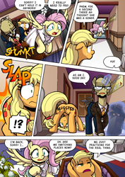 Size: 1204x1700 | Tagged: safe, artist:tarkron, applejack, fluttershy, oc, oc:fund guard, earth pony, pegasus, pony, unicorn, comic:what happens in las pegasus, g4, applebutt, applejack is a spankaholic, applejack's hat, axe, butt, clothes, comic, cowboy hat, crying, dress, elegant, eyes closed, fail, feather, female, flower, glasses, glowing, glowing horn, hat, horn, magic, mare, need to pee, old, open mouth, playing dead, plot, potty time, radio, rejected, running, spanking, stamp, tears of pain, teary eyes, telekinesis, toilet, weapon, wedding dress